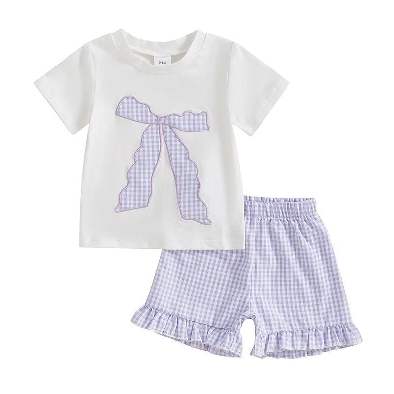 Toddler Baby Girl Summer Outfit Bow Embroidery Short Sleeve Tops Plaid Ruffle Shorts Set