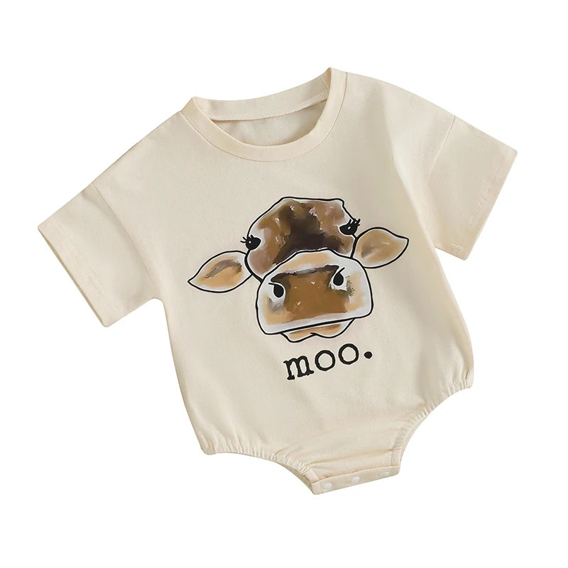 Baby Short Sleeve Crew Neck Cow Head "Moo" Print Bodysuit