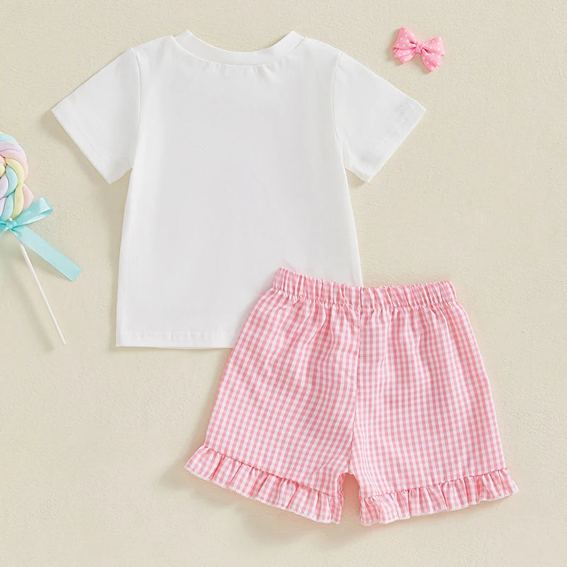 Toddler Baby Girl Summer Outfit Bow Embroidery Short Sleeve Tops Plaid Ruffle Shorts Set