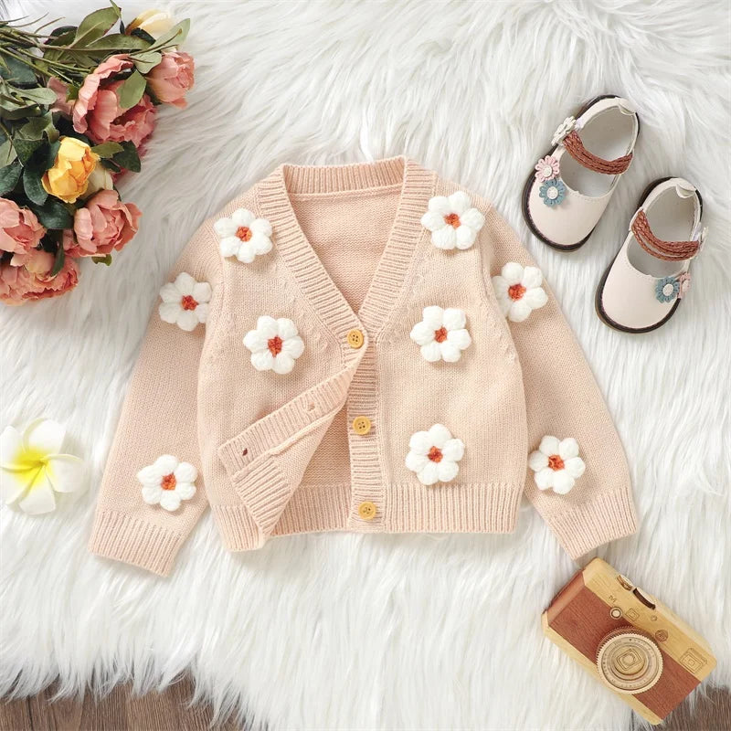 Winter Baby Girl Cardigan Long Sleeve V Neck Button Closure Flower Knit Sweater Baby Girl Sweater