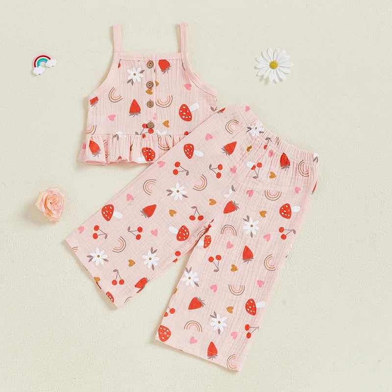 Toddler Baby Girl Summer Outfit Fruit Flower Print Ruffled Trim Sleeveless Top and Wide Leg Pants 2Pcs Set