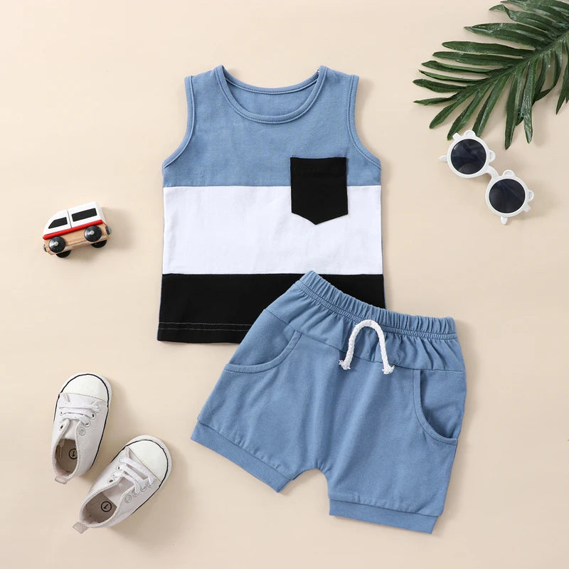 Toddler Boys 2Pcs Summer Outfit Sets Sleeveless Contrast Tank Tops Solid Drawstring Shorts