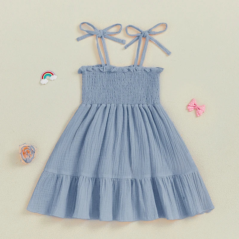 Little Girl Tie Shoulder Dress Solid Smocked Spaghetti Strap Tiered Ruffled Dress Cute Summer Clothes