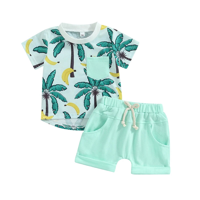 Toddler Baby Boy 2Pcs Summer Clothes Beach Tree Print Short Sleeve Crew Neck T-Shirts Shorts