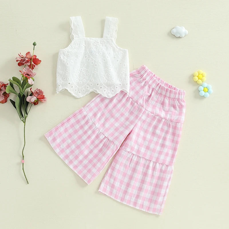 Toddler Girl Summer Clothes Eyelet Embroidery Cami Tops+Elastic Waist Plaid Print Wide Leg Pants 2Pcs Set