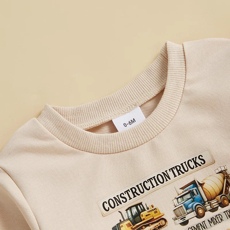 Toddler Baby Boy Outfits Construction Print Long Sleeve Pullover Tops Long Pants 2Pcs Winter Fall Set