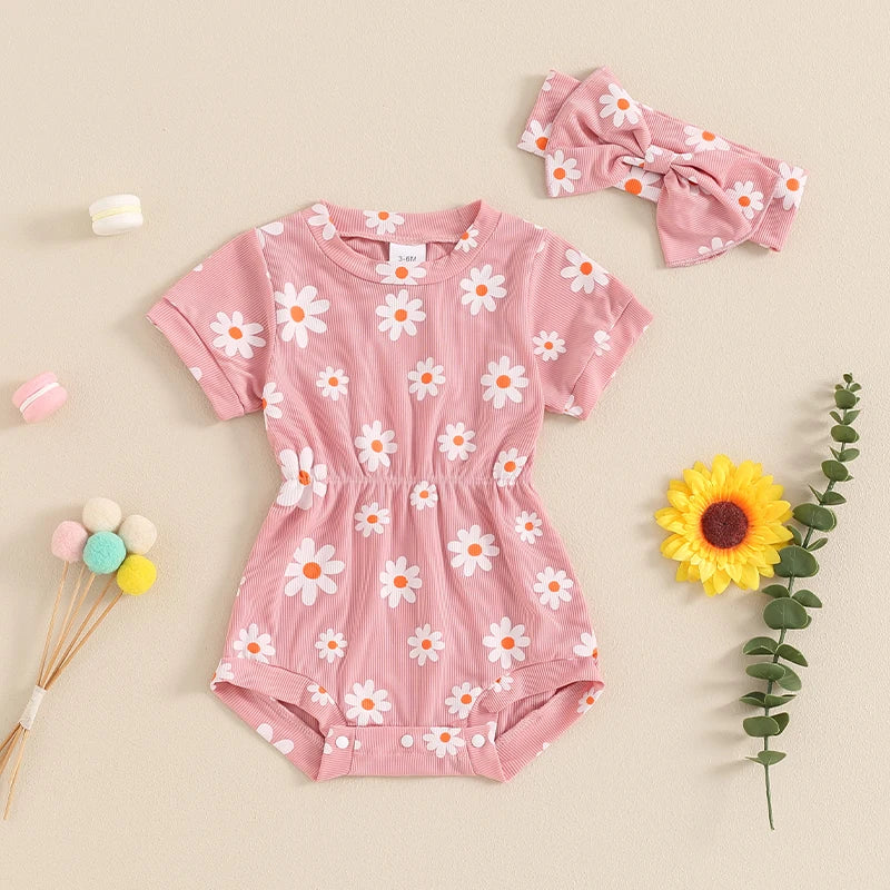 Summer Infant Baby Girls Rompers Short Sleeve O Neck Floral Jumpsuit with Headband