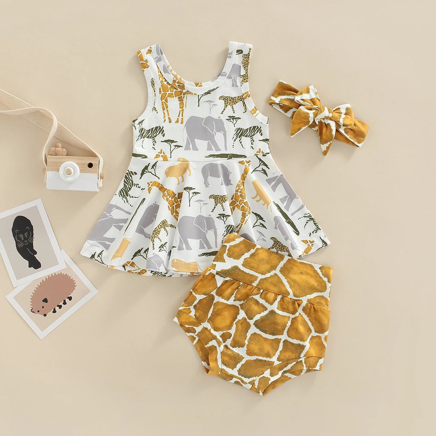 3PCS Baby Girls Summer Outfits Animal Print Ruffle Tank Tops Shorts Headband Set