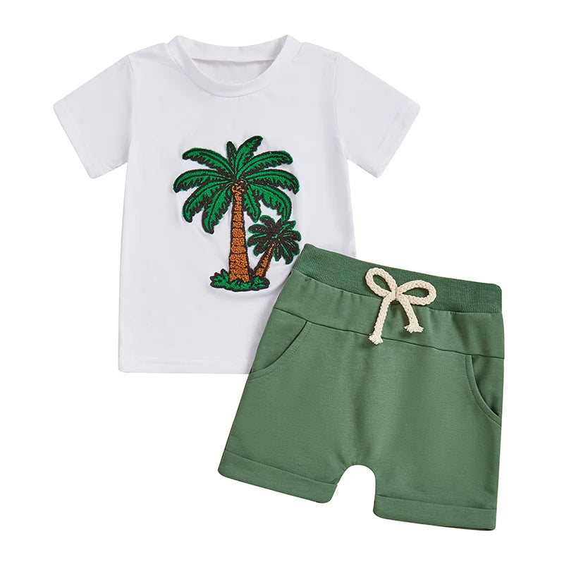 Toddler Boy Summer Outfit Tree/Excavator Embroidered Short Sleeve Round Neck T-Shirt +Solid Shorts 2Pcs Set
