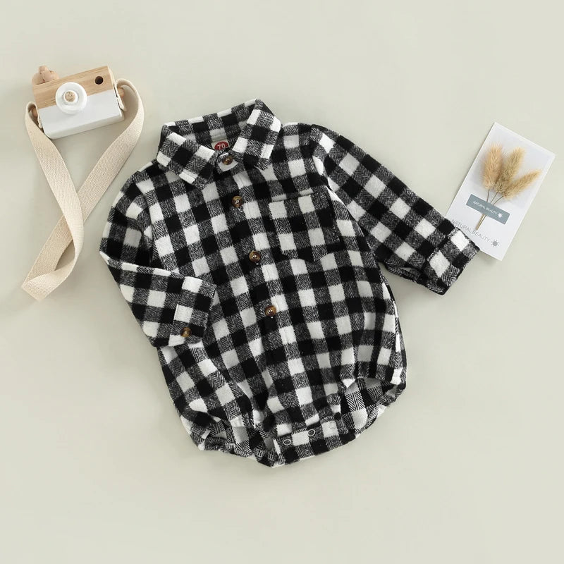 Baby Boy Bodysuit Long Sleeve Lapel Neck Plaid Print Button Up Jumpsuit