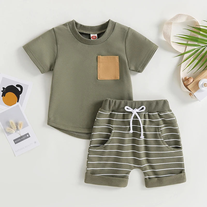 Baby Kids Boys 2Pcs Summer Set Short Sleeve Crew Neck T-shirt with Striped Shorts Outfit