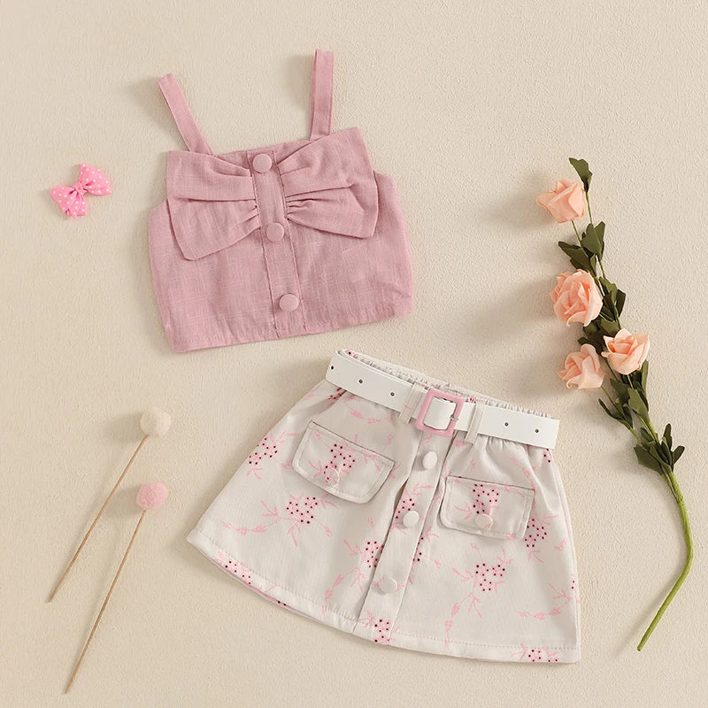 Toddler 2Pcs Baby Girl Summer Outfits Sleeveless Bow Tank Tops + Belted Skirt Set Clothes