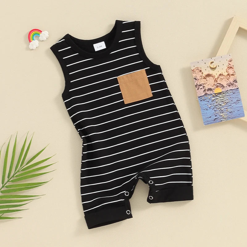 Summer Newborn Baby Boys Rompers Clothing Striepd Print Sleeveless Pocket Jumpsuits Long Pants Baby Overalls