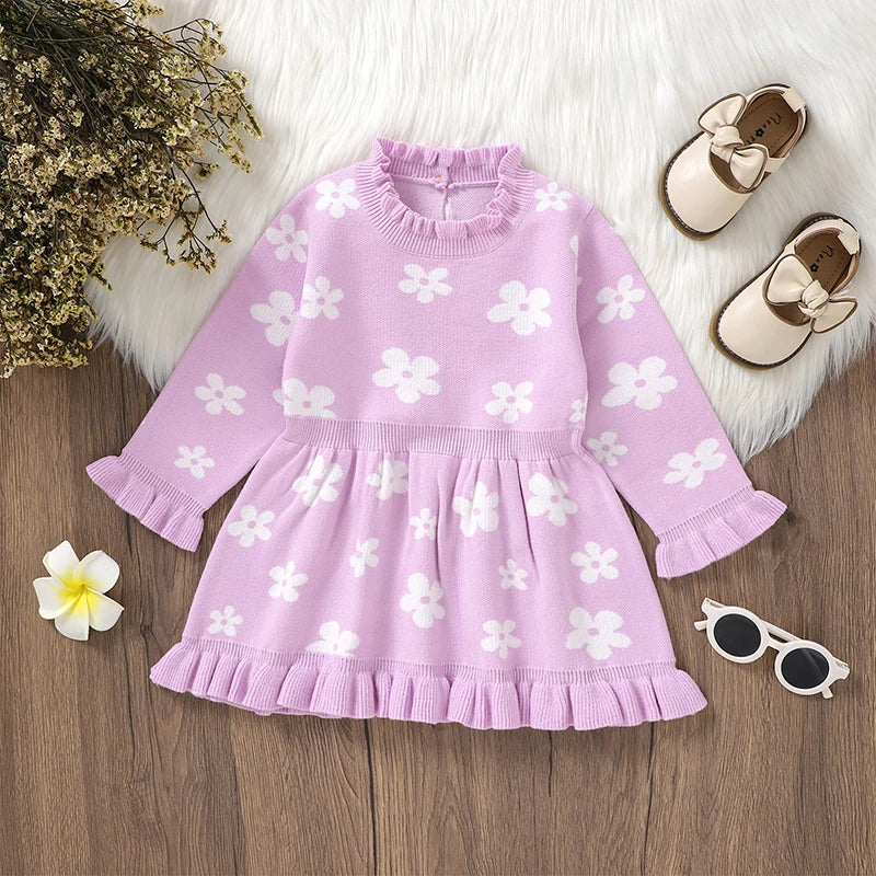 Toddler Kids Girl Long Sleeve Dress Casual Floral Print Ruffle Sweater A-Line Dress Baby Spring Clothes