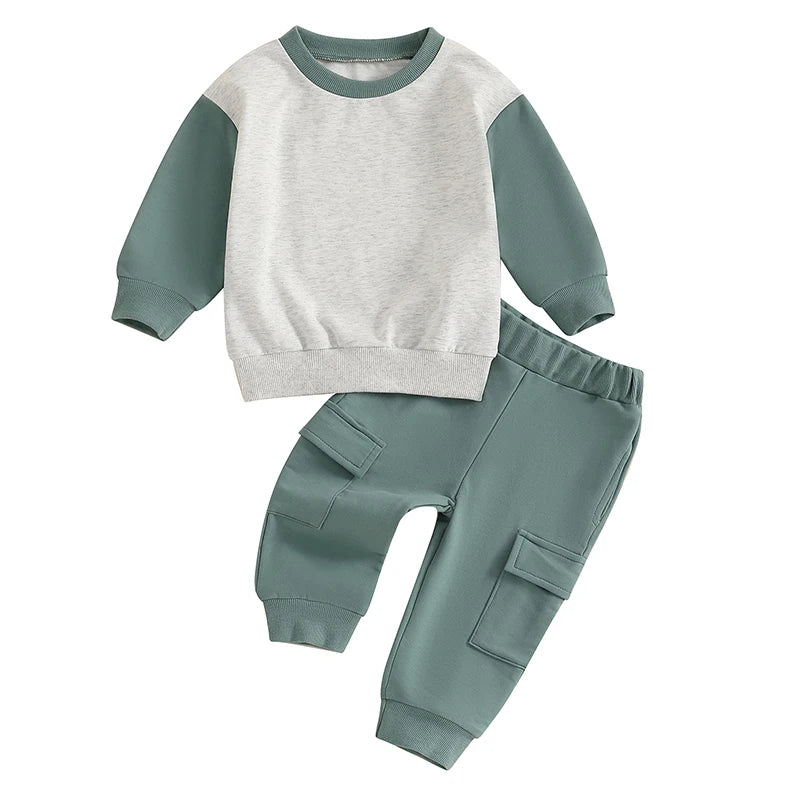 Toddler Baby Boy 2Pcs Outfit Long Sleeve Contrast Color Sweatshirt + Cargo Pants Set Clothes