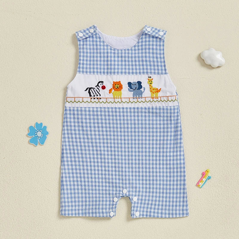 Baby Boys Romper Animal Embroidery Plaid Sleeveless Crew Neck Jumpsuit Summer Overalls