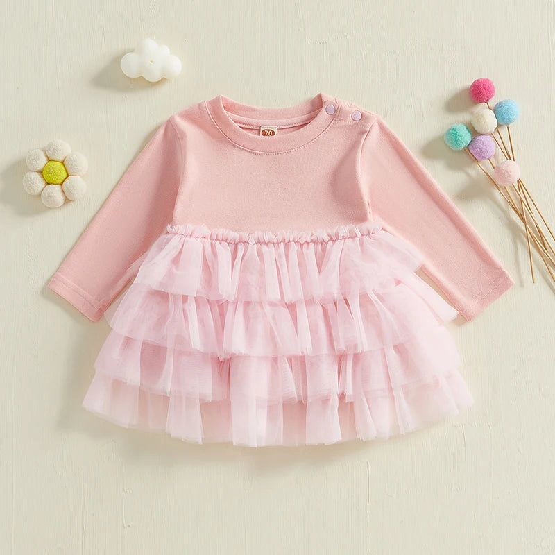 Toddler Baby Girl Fall Dress Solid Color Round Neck Long Sleeve A-line Tulle Princess Dresses