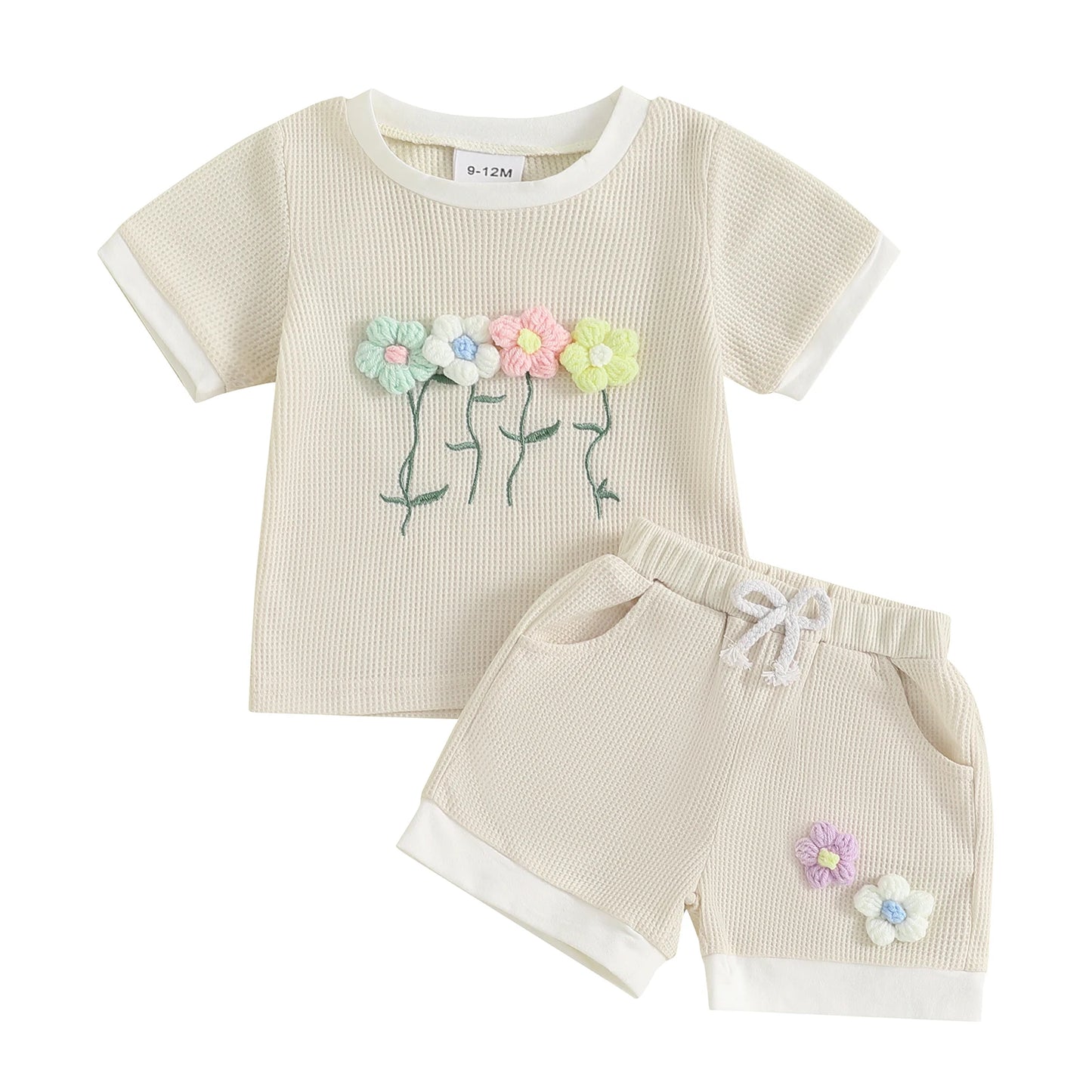 Toddler Girl Summer Waffled Clothes 3D Flower Short Sleeve Round Neck Tops Elastic Waist Shorts Outfit