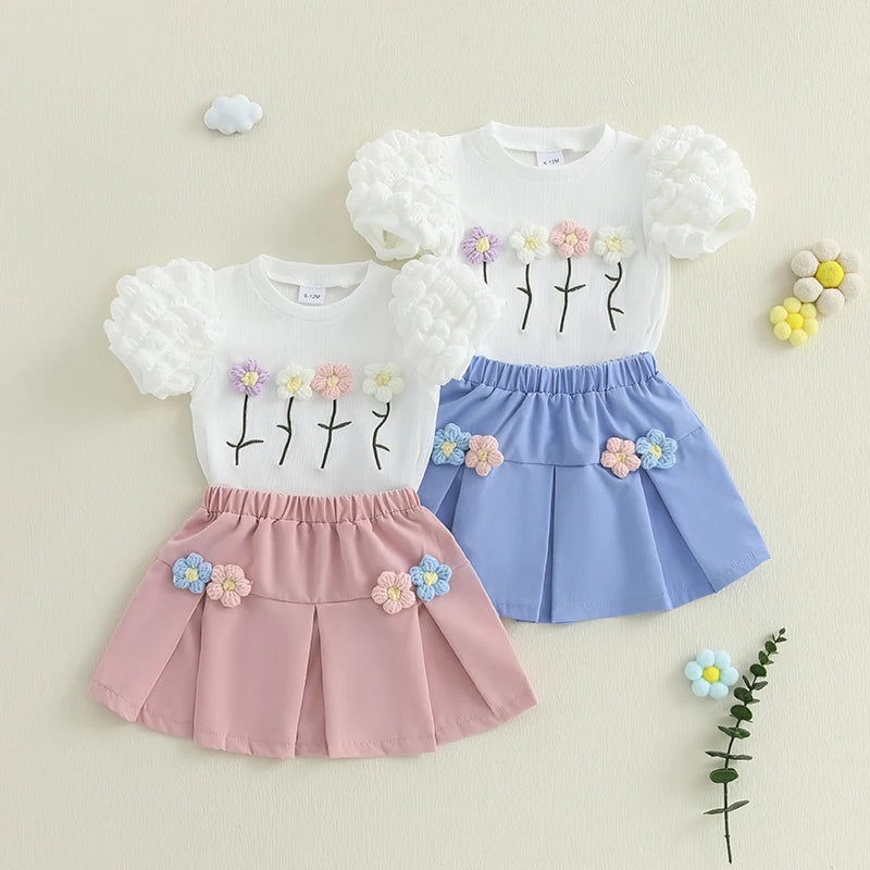 Girls Summer Outfits Crochet Flowers Puff Short Sleeve T-Shirt and Elastic A-Line Skirt Set Toddler Clothes