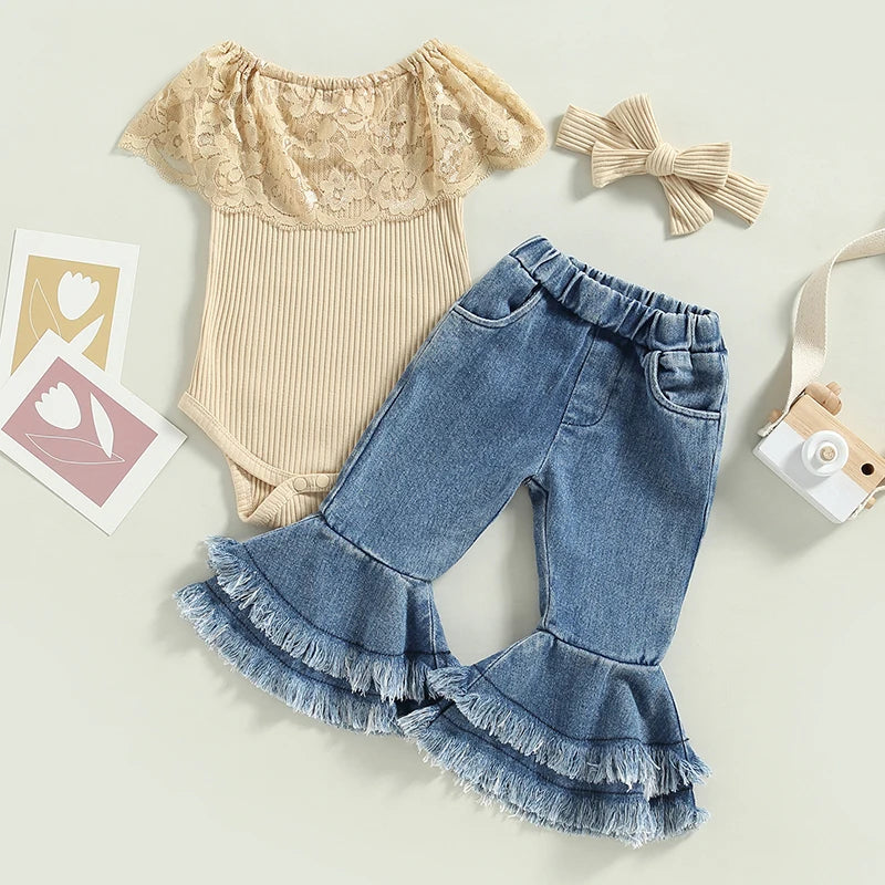 Infant Baby Girls 3Pcs Summer Pants Set Sleeveless Lace Patchwork Romper with Tasseled Flare Pants