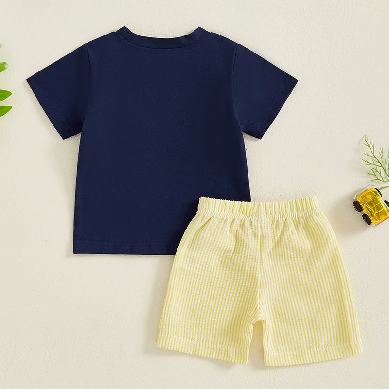Toddler Baby Boy Shorts Set Tractor Embroidery Short Sleeve T-shirt Striped Shorts 2Pcs Summer Outfit