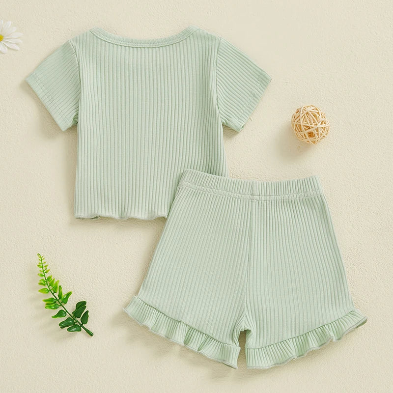 Toddler Baby Girl Ribbed Outfit Solid Color Short Sleeve T-shirts Elastic Waist Ruffle Shorts Set