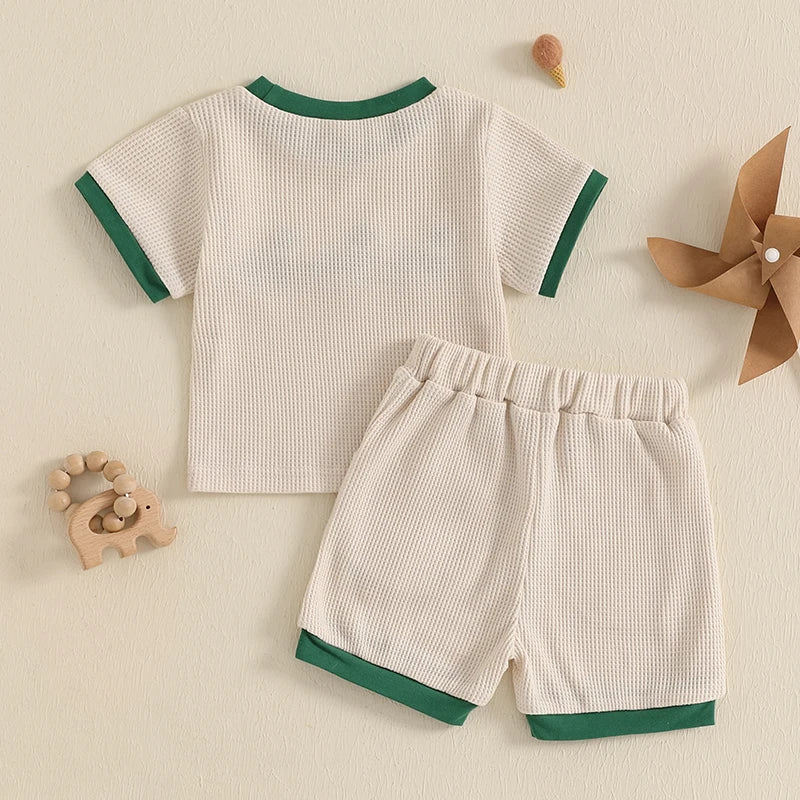 Boys Summer Shorts Sets Short Sleeve O Neck Duck Embroidery Tops and Drawstring Shorts Sets