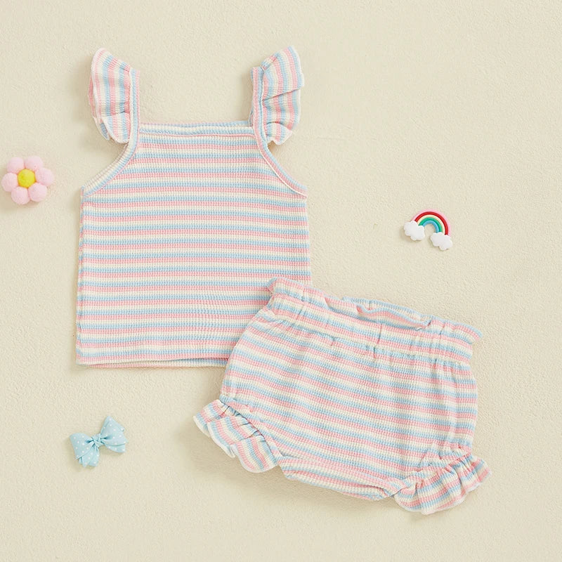 Toddler Baby Girl Striped Outfit Fly Sleeve Cami Tops Elastic Waist Ruffle Shorts Baby Girls Summer Outfit