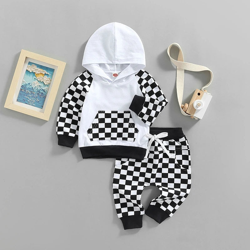 Girl Boy Outfit 2Pcs Set Plaid Long Sleeve Hoodie with Pockets Elastic Drawstring Waist Pants