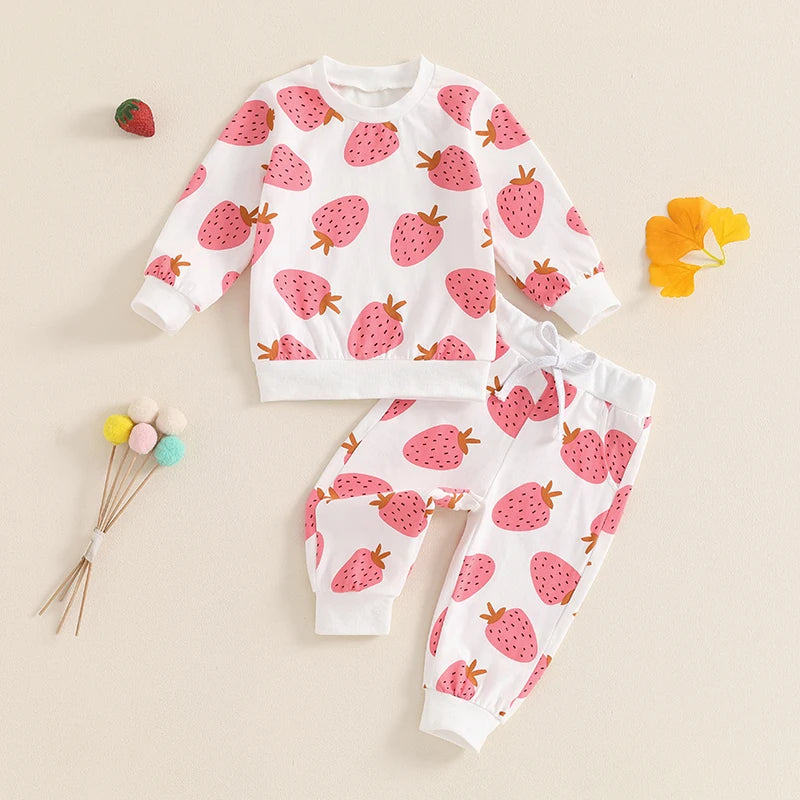 Toddler Girls Fall Outfits Strawberry Print Long Sleeve Sweatshirt and Elastic Sweatpants Set Baby Clothes