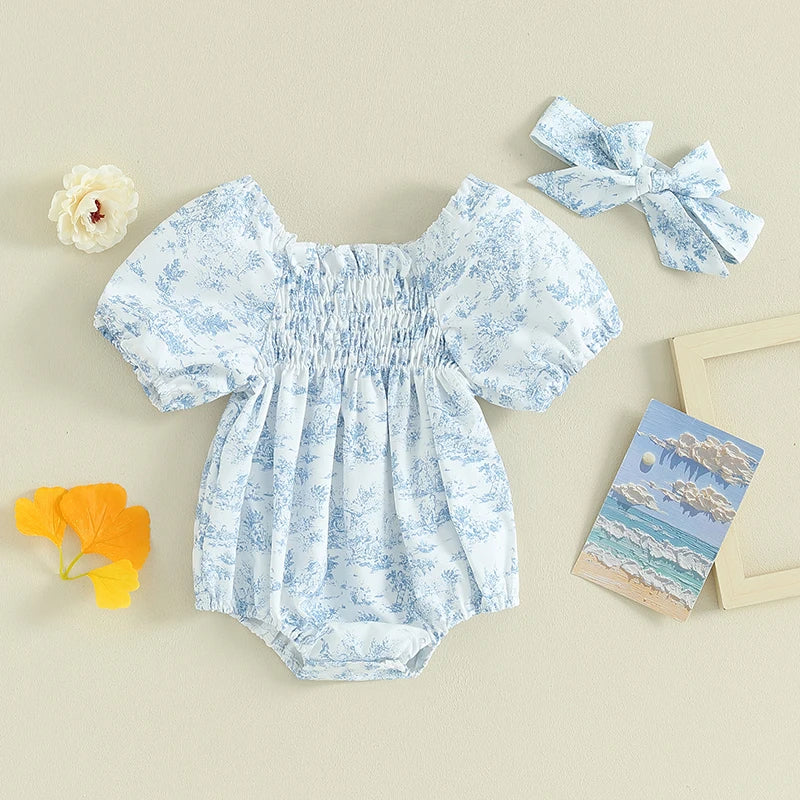 Summer Baby Girls Rompers Floral Print Ruched Puff Sleeve Clothes Infant Jumpsuits with Headband