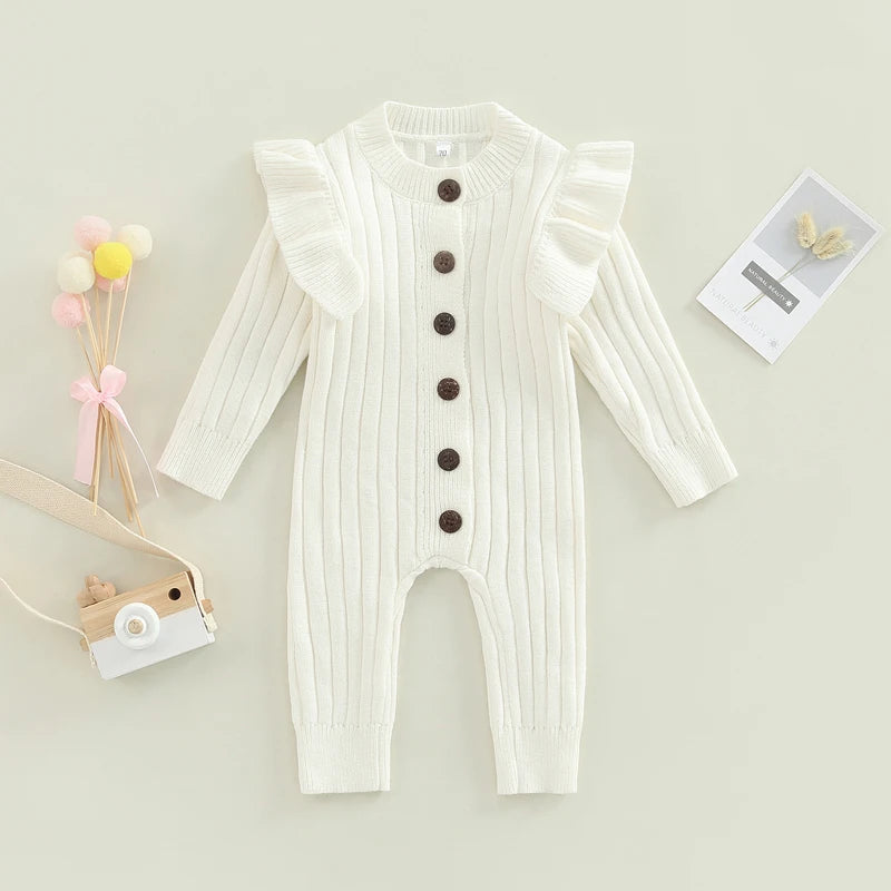 Baby Girl’s Knitted Long Sleeve Jumpsuit Fashion Solid Round Neck Button Casual Long Romper
