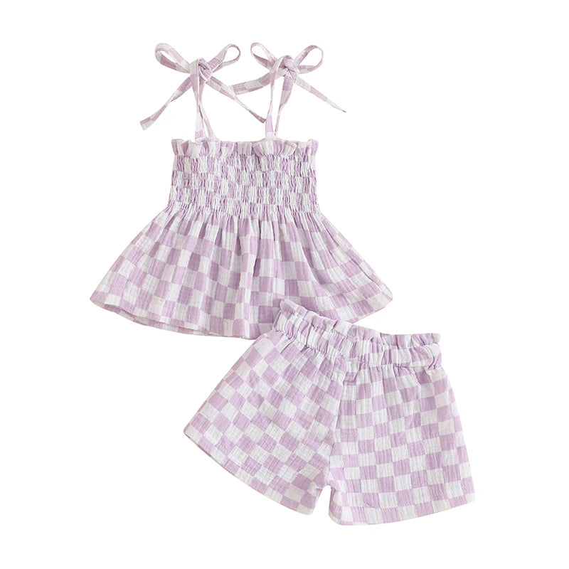 Toddler Baby Girl Summer Clothes Plaid Print Smocked Camisole + Elastic Waist Shorts 2Pcs Set