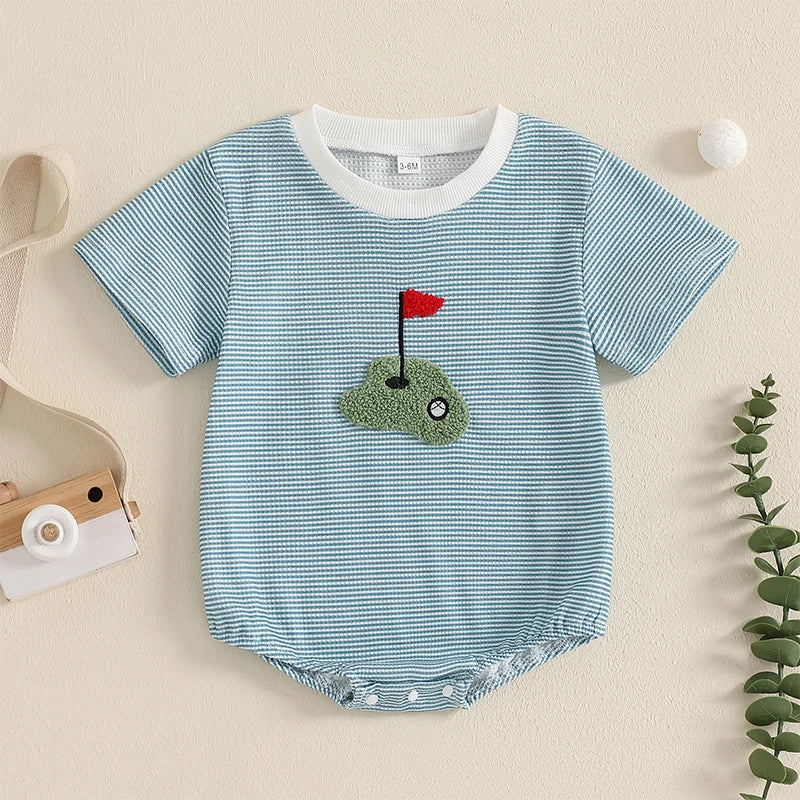 Newborn Baby Boy Summer Romper Short Sleeve Round Neck Stripes Print Bodysuit Playsuit