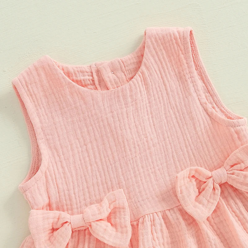Toddler Baby Girl Summer Clothes Solid Color Bow Round Neck Tank Tops + Elastic Waist Ruffled Shorts Set