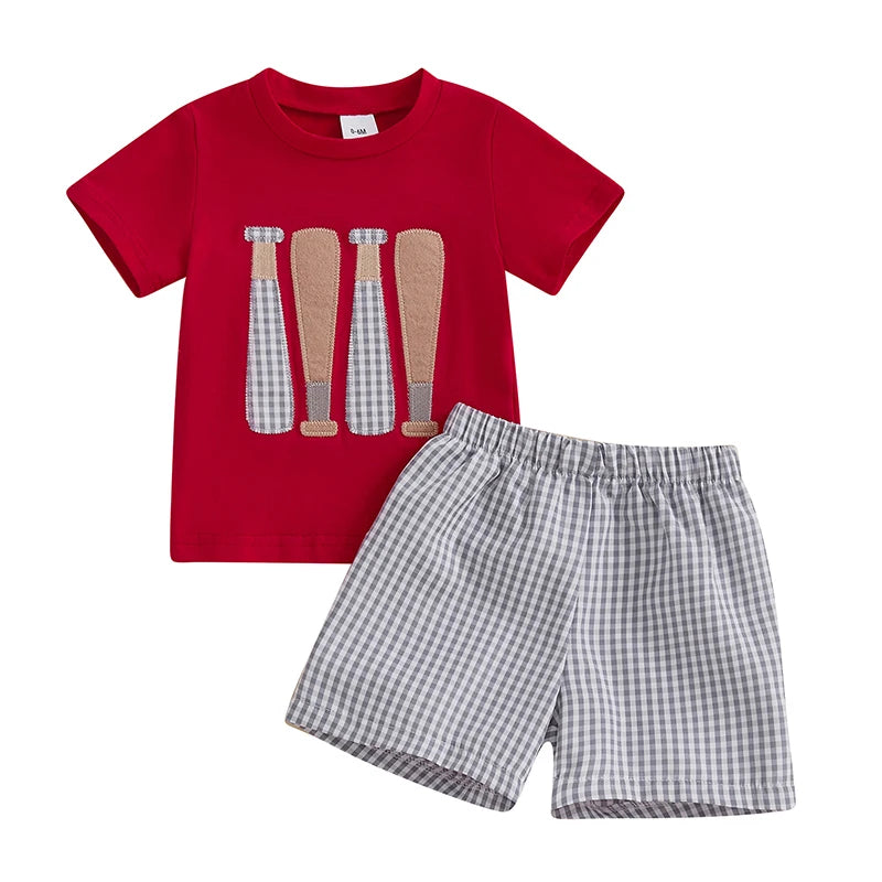 Toddler Boys Shorts Set Baseball Embroidered Short Sleeve Round Neck Tops Elastic Waistband Plaid Shorts