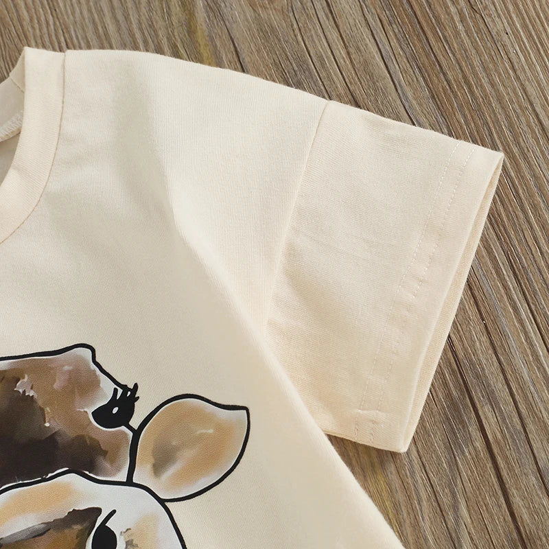 Baby Short Sleeve Crew Neck Cow Head "Moo" Print Bodysuit