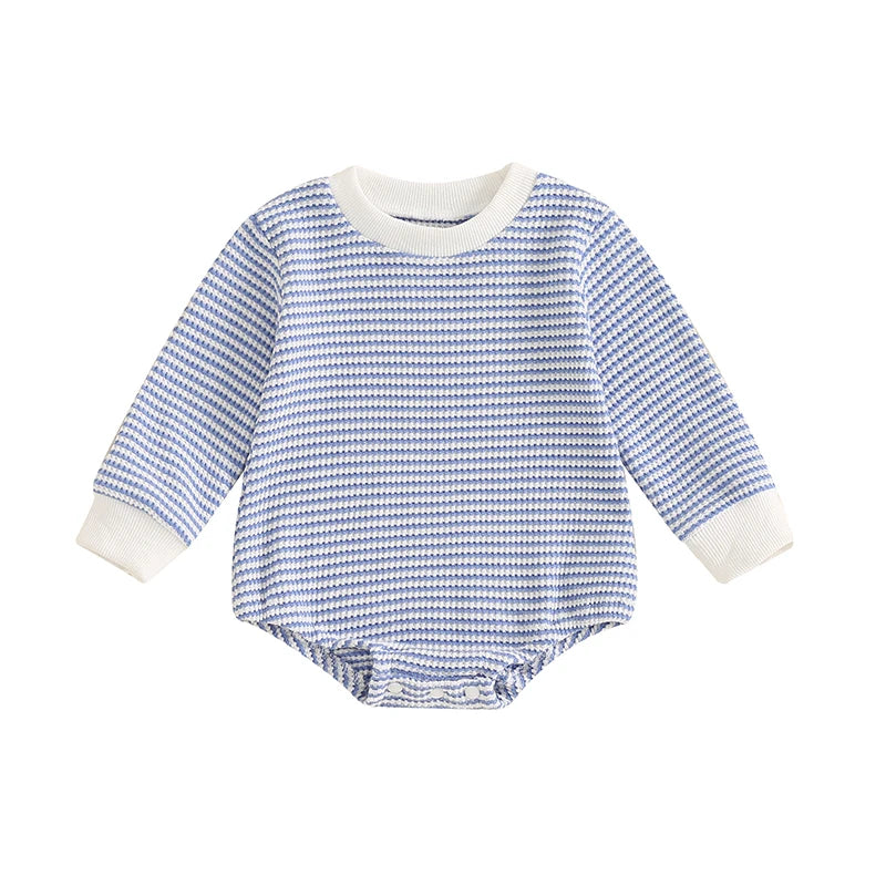 Toddler Waffle Sweatshirt Romper Casual Stripe Print Long Sleeve Jumpsuit