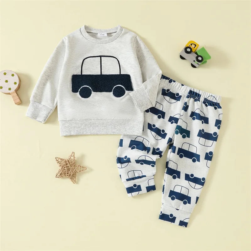 Toddler Baby Boy Outfit Car Embroidery Long Sleeve Pullover Sweatshirt Elastic Waist Pants 2 Piece Set