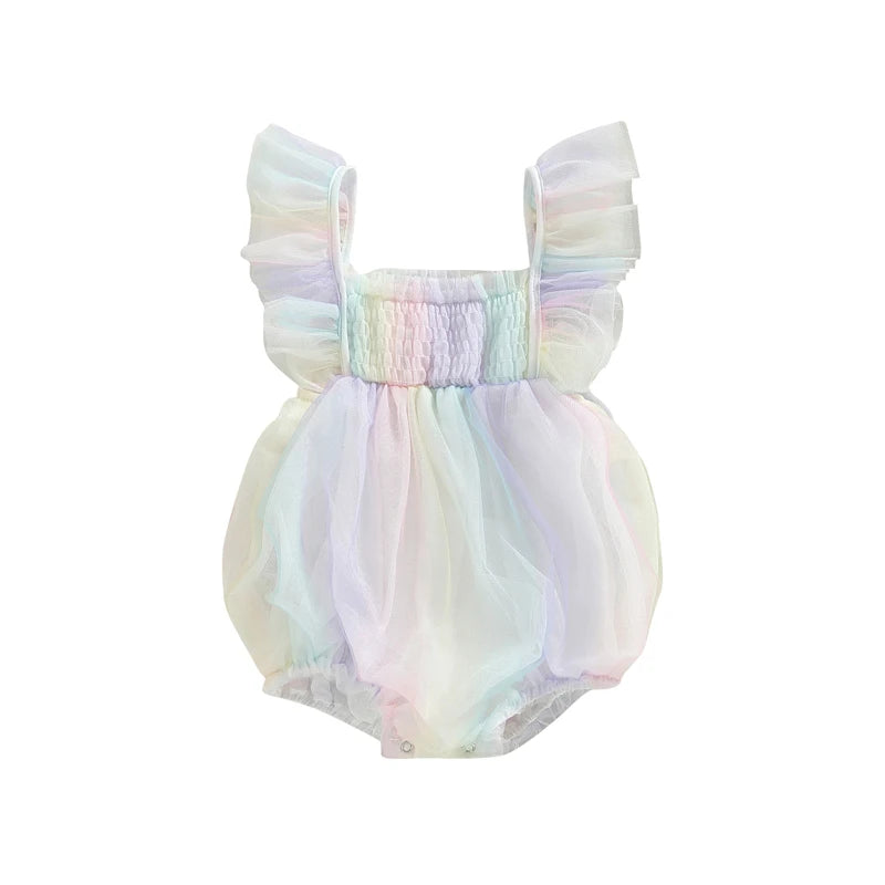 Baby Girls Summer Bodysuit Fly Sleeve Square Neck Tie-dye Print Bubble Fashion Jumpsuit