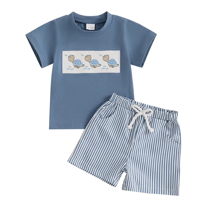 Toddler Baby Boy Shorts Set Whale/Dinosaur/Turtle Short Sleeve T-shirts Striped Elastic Waist Shorts Summer Outfit