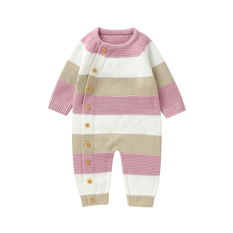 Baby Boy Sweater Romper Striped Crew Neck Long Sleeve Full Length Jumpsuit