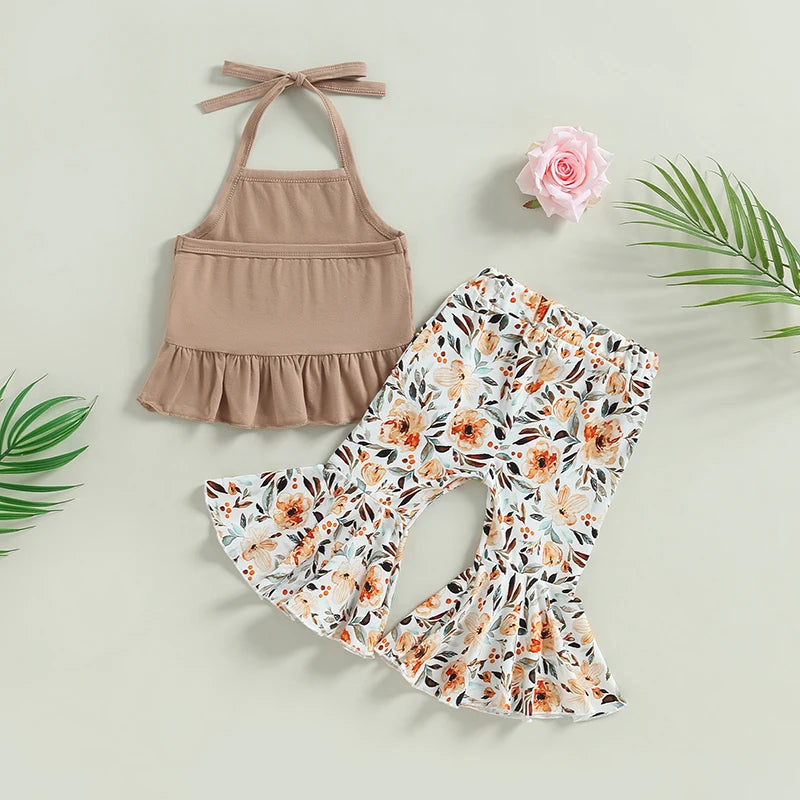 Newborn Baby Girls 2Pcs Summer Clothing Set Lacing Halterneck Vest with Flower Print Flare Pants