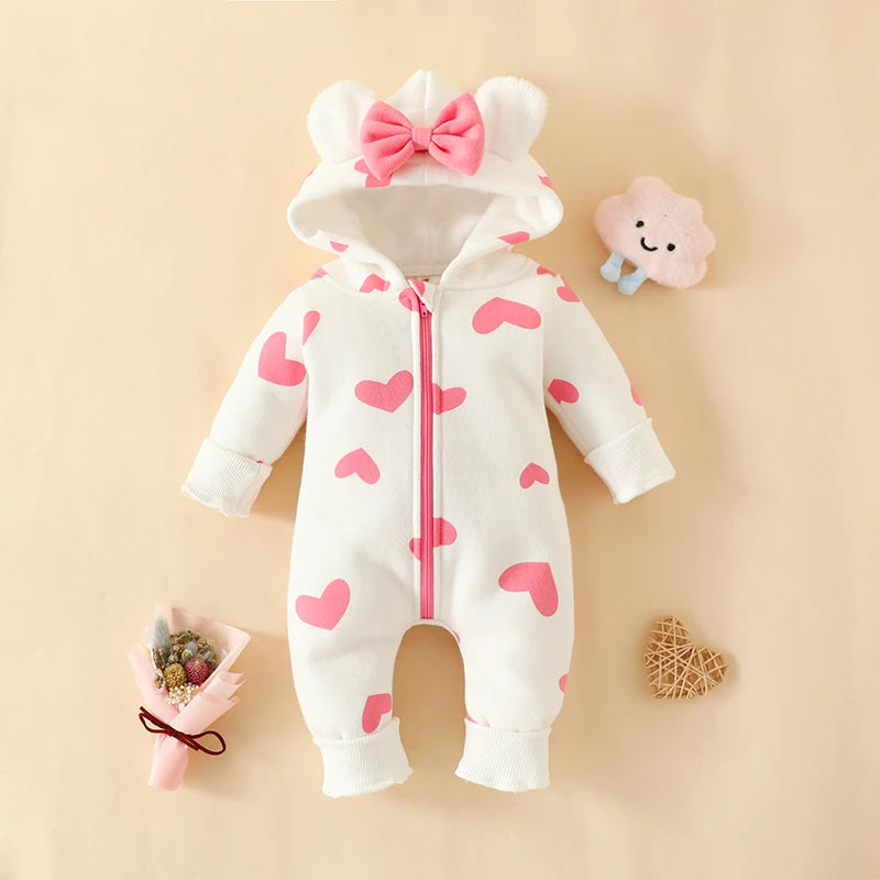 Newborn Baby Girls Boys Romper Fleece Footie Long Sleeve Hooded Zipped Heart Cow Pattern Jumpsuit