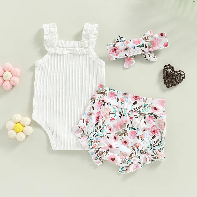 Infant Baby Girls Shorts Set Sleeveless Romper Flower/Rainbow/ Print Shorts Hairband