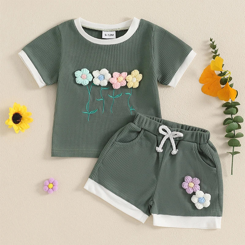 Toddler Girl Summer Waffled Clothes 3D Flower Short Sleeve Round Neck Tops Elastic Waist Shorts Outfit