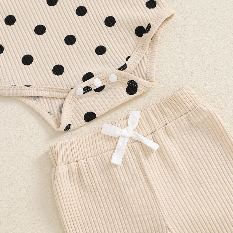 Baby Girls Fall Outfit, Long Sleeve Dots Print Romper with Pants and Bowknot Headband Clothing Set