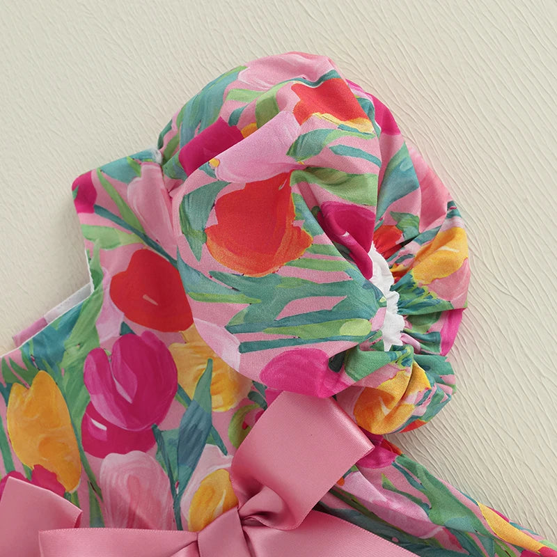 Toddler Baby Girl Floral Dress Short Sleeve Square Neck Bow Front Floral Print Loose Dress Casual Dress
