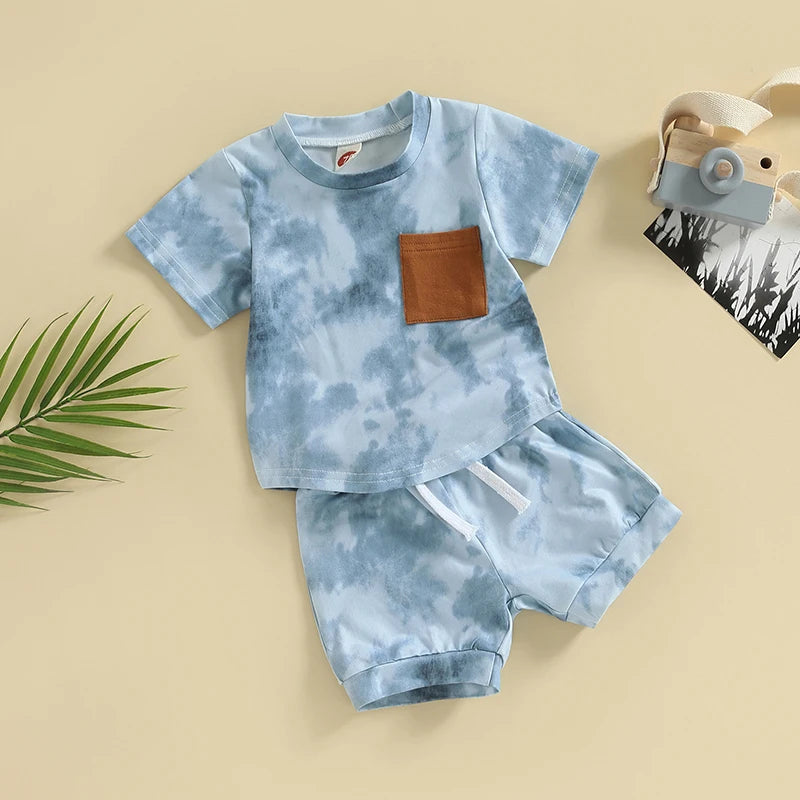 Baby Boys 2Pcs Summer Shorts Set Tie-dye Print Short Sleeve Crew Neck T-shirt Shorts Outfit