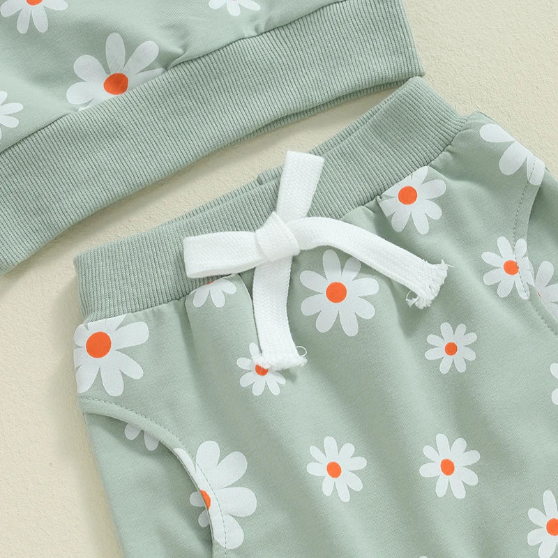 Little Girl 2 Piece Fall Outfit, Flower Print Long Sleeve Sweatshirt Elastic Waist Pants with Pockets